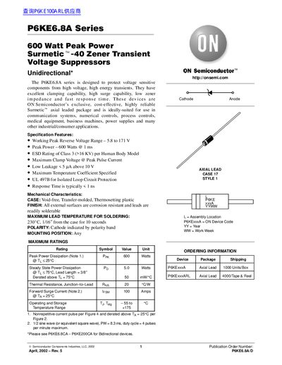 ON Semiconductor P6KE6.8A Series 600W Peak Power Surmetic Datasheet - cover page