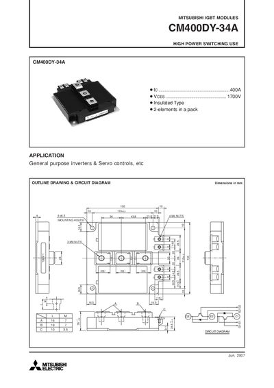 Mitsubishi CM400DY-34A IGBT Module Datasheet - cover page