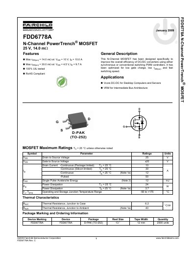 Fairchild Semiconductor FDD6778A N-Channel MOSFET Datasheet - cover page