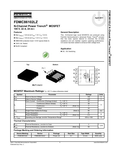 Fairchild Semiconductor FDMC86102LZ N-Channel MOSFET Datasheet - cover page