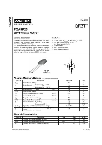 Fairchild Semiconductor FQA9P25 250V P-Channel MOSFET Datasheet