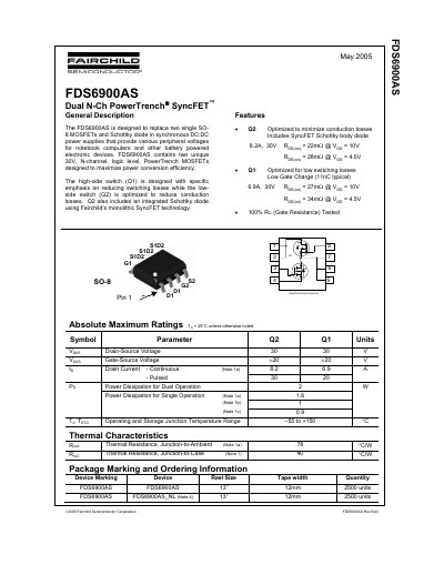 Fairchild Semiconductor FDS6900AS Dual N-Channel PowerTrench SyncFET Datasheet - cover page