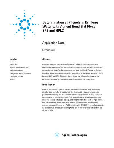 Agilent Bond Elut Plexa SPE HPLC Application Note for Phenols Determination - cover page