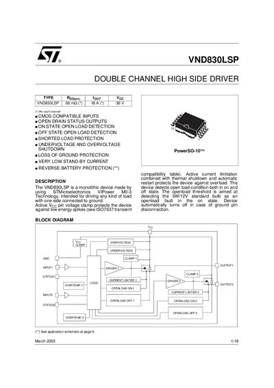 STMicroelectronics VND830LSP Double Channel High Side Driver Datasheet - cover page