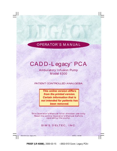SIMS Deltec CADD-Legacy PCA-6300 Operator's Manual - cover page