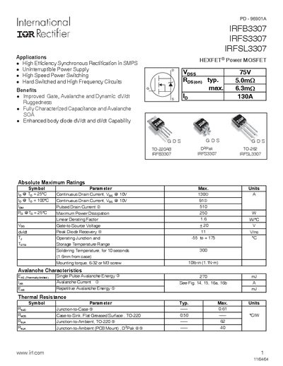 International Rectifier IRFB3307 Datasheet - cover page