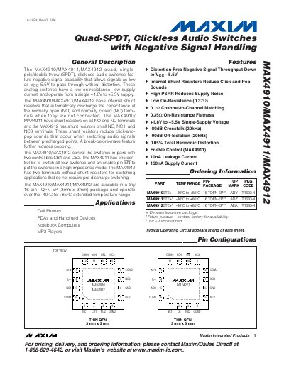Maxim MAX4910/MAX4911/MAX4912 Quad-SPDT Clickless Audio Switches with Negative Signal Handling Datasheet - cover page