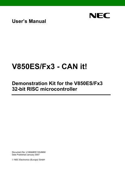 NEC V850ES/Fx3 Demonstration Kit for the V850ES/Fx3 32-bit RISC microcontroller Manual - cover page
