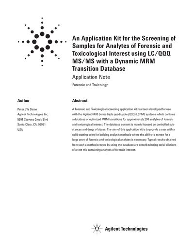 Agilent Dynamic MRM Database Kit Application Note for Forensic Toxicology Screening - cover page