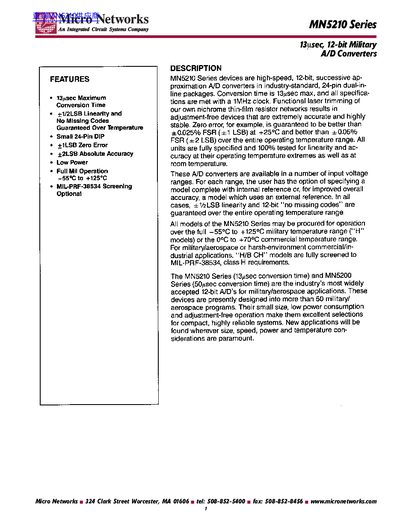 Micro Networks MN5210 Series 13usec A/D Converter Datasheet - cover page