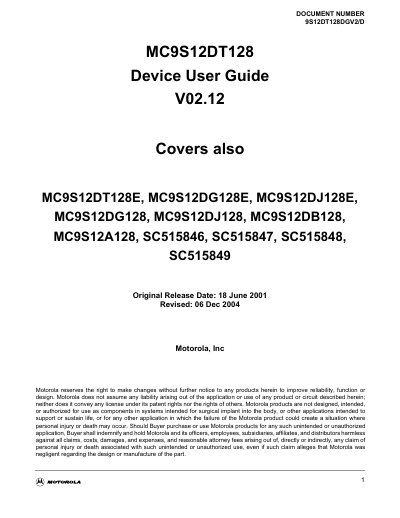 Motorola MC9S12DT128 Device User Guide - cover page