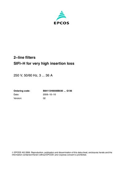 EPCOS 2 line filters SIFI H for very high insertion loss 250 V 50/60 Hz 3 ... 36 A handbook - cover page