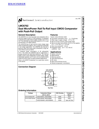 National Semiconductor LMC6762 Dual Comparator Datasheet - cover page