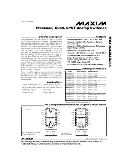 Maxim MAX364/MAX365 Precision Quad SPST Analog Switch Data Sheet - cover page