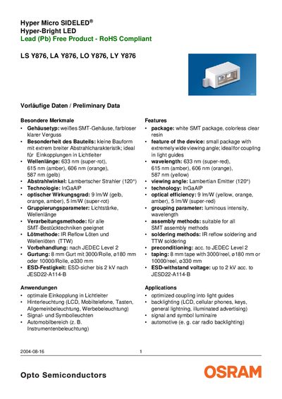 OSRAM LS Y876 LED Datasheet - cover page