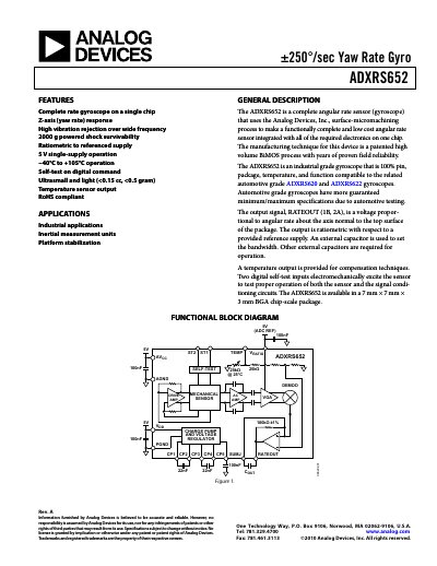 Analog Devices ADXRS652 Gyro Datasheet - cover page