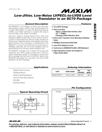 MAXIM MAX9181 Low-Jitter Low-Noise LVPECL-to-LVDS Level Translator in an SC70 Package handbook - cover page