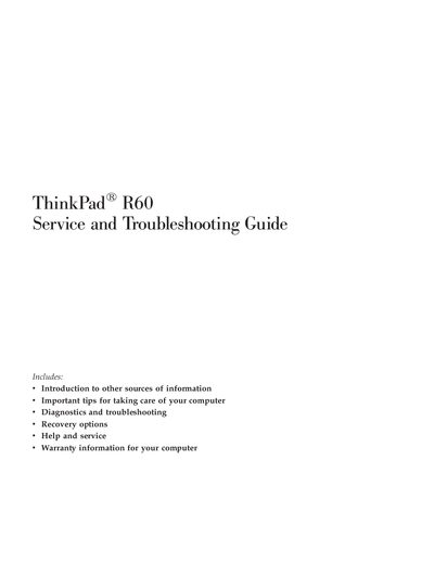 Lenovo ThinkPad R60 Service and Troubleshooting Guide - cover page