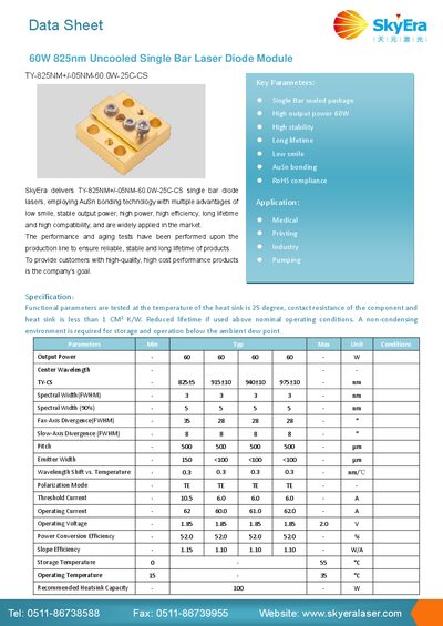 SkyEra TY-825NM+/ -05NM-60.0W-25C-CS Laser Diode Module Data Sheet - cover page