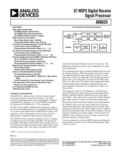 Analog Devices AD6620 Digital Receive Signal Processor Datasheet - cover page
