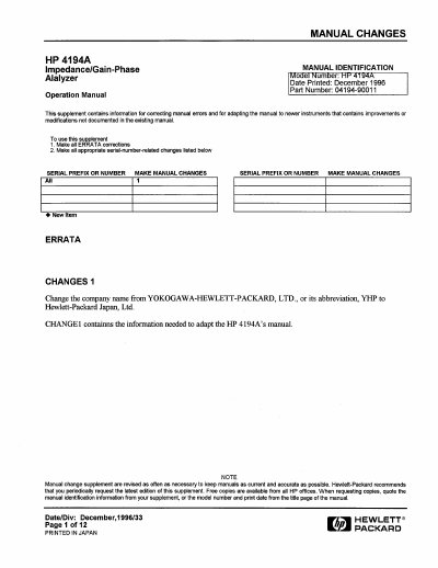 Hewlett‑Packard 4194A Impedance/Gain‑Phase Analyzer Operation Manual - cover page