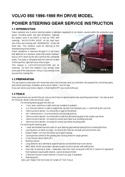 Volvo 850 RH Drive Power Steering Gear Service Instruction - cover page