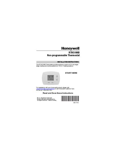 Honeywell RTH5100B Non-programmable Thermostat Installation Instructions - cover page
