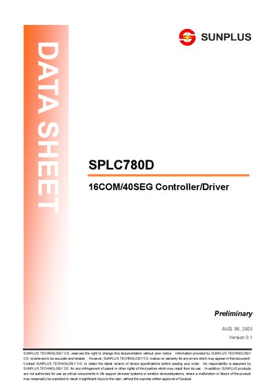 Sunplus SPLC780D Controller/Driver User Manual - cover page