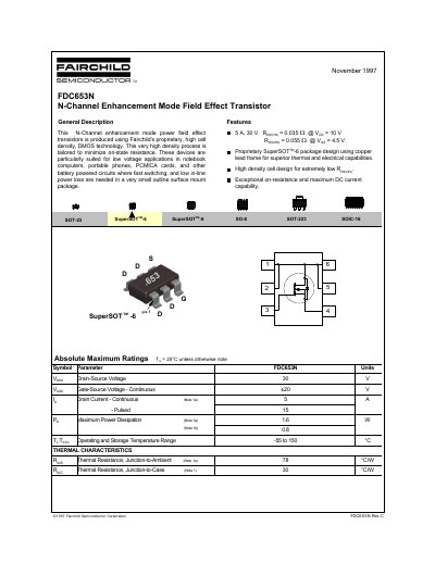 Fairchild Semiconductor FDC653N N-Channel Enhancement Mode Field Effect Transistor Datasheet - cover page
