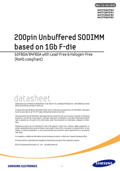 Samsung DDR2 SDRAM Unbuffered SODIMM Datasheet - cover page