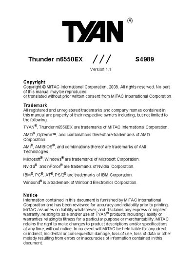 TYAN Thunder n6550EX (S4989) User Manual - cover page
