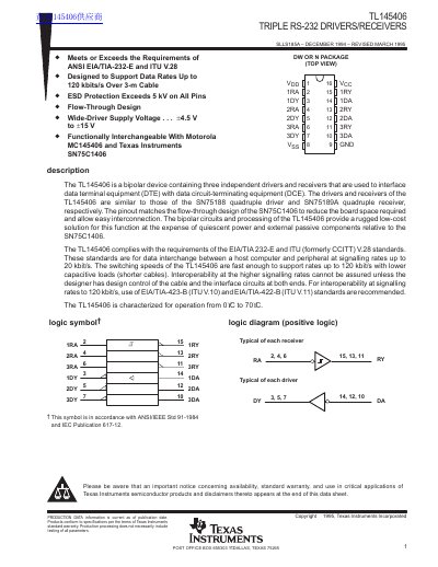 Texas Instruments TL145406 Triple RS-232 Drivers/Receivers Datasheet