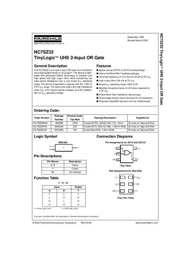 Fairchild NC7SZ32 TinyLogic UHS 2-Input OR Gate Datasheet - cover page