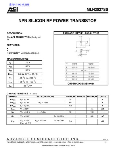 ASI MLN2027SS NPN Silicon RF Power Transistor Datasheet - cover page