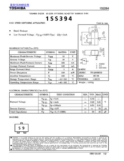 Toshiba 1SS394 Schottky Diode Datasheet - cover page