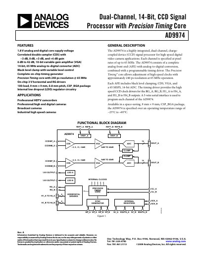 Analog Devices AD9974 Dual-Channel 14-Bit CCD Signal Processor Datasheet