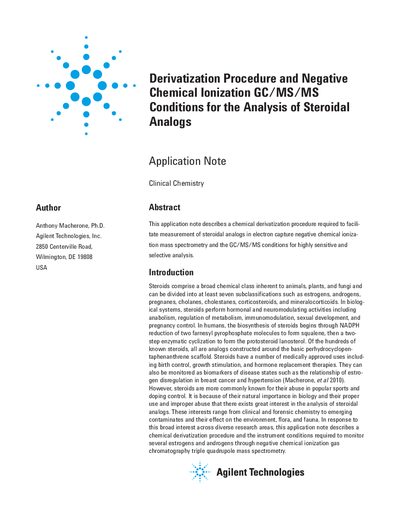 Derivatization Procedure and NCI-GC/MS/MS Conditions for Steroidal Analogs Analysis Application Note - cover page