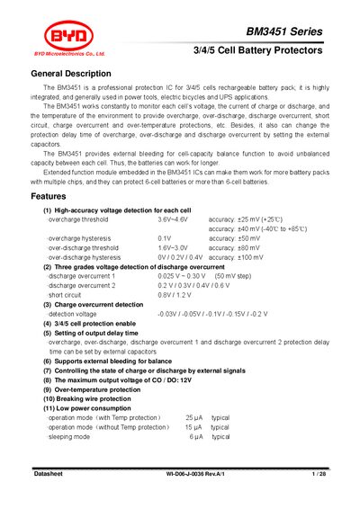 BYD BM3451 Series 3/4/5 Cell Battery Protectors Datasheet - cover page