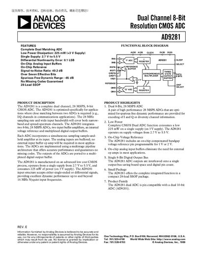 Analog Devices AD9281 Dual Channel 8-Bit CMOS ADC Datasheet - cover page
