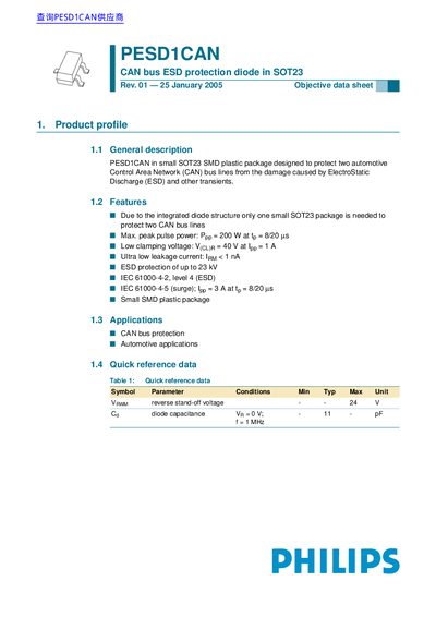 PHILIPS PESD1CAN CAN bus ESD protection diode in SOT23 handbook - cover page