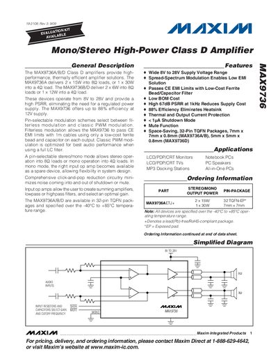 Maxim MAX9736 Mono/Stereo Class D Amplifier Datasheet - cover page