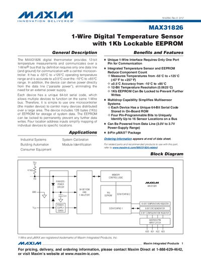 Maxim MAX31826 1-Wire Digital Temperature Sensor Datasheet - cover page