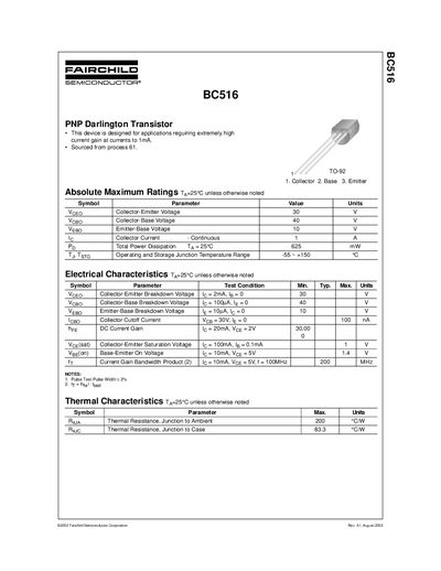 Fairchild BC516 PNP Darlington Transistor Datasheet - cover page