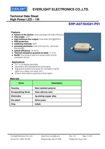 Everlight EHP-A07/SUG01-P01 High Power LED Datasheet - cover page