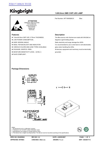 kingbright 1.6X0.8mm SMD CHIP LED LAMP APT1608SURCK datasheet(1) - cover page