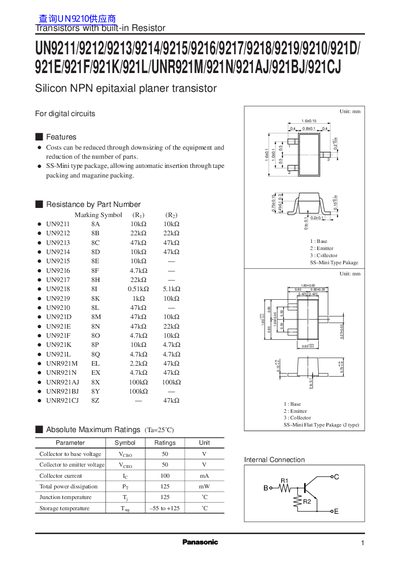 Panasonic UN9211/9212/9213/9214/9215/9216/9217/9218/9219/9210/921D/ 921E/921F/921K/921L/UNR921M/921N/921AJ/921BJ/921CJ Data Sheet  - cover page