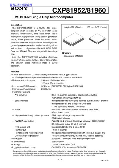 Sony CXP81952/81960 CMOS 8-bit Single Chip Microcomputer Datasheet - cover page