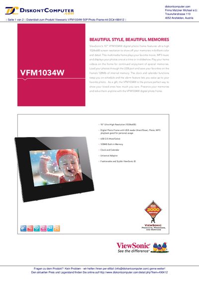 ViewSonic VFM1034W Digital Photo Frame Datasheet - cover page