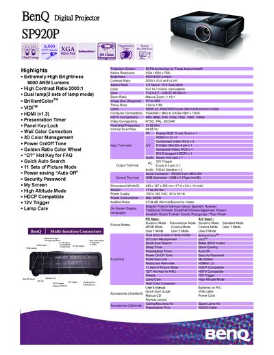 BenQ SP920P Projection System User Manual - cover page