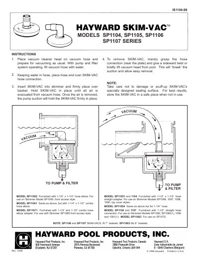 HAYWARD SKIM-VAC SP1104 SP1105 SP1106 SP1107 SERIES - cover page